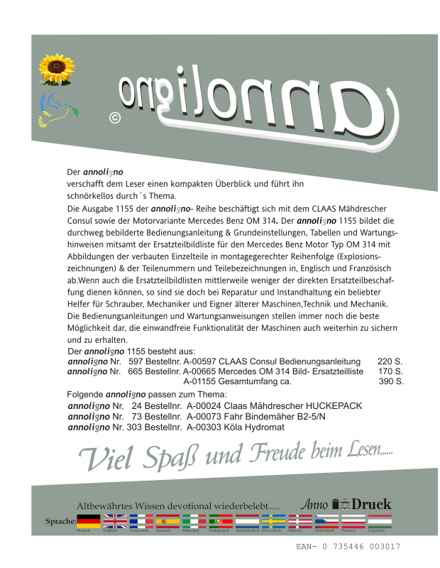 CLAAS Mähdrescher Consul Bild Bedienungsanleitung + Mercedes Benz Motor OM 314 Bild- Ersatzteilliste mit Explosionszeichnungen - annoligno 1155